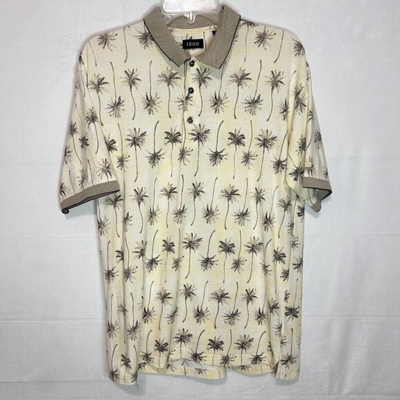 Izod Men's Hawaiian Polo Shirt Size M Short Sleeve Yellow Palm Trees - Picture 1 of 6